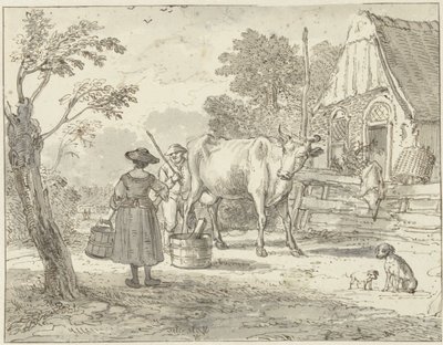 Boeren met een koe voor het huis door Paulus Constantijn la Fargue
