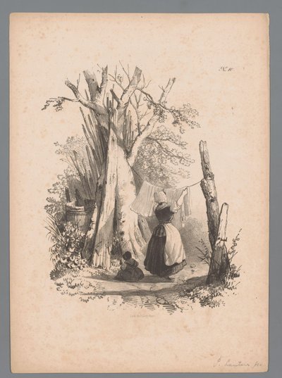 Landschap met vrouw die de was op hangt door Paulus Lauters (attributed to)