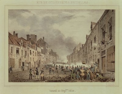 Gevechten in de Rue Schaerbeck, Brussel, zondag 25 september 1830, gegraveerd door Dewasme-Pletinckx door Paulus Lauters