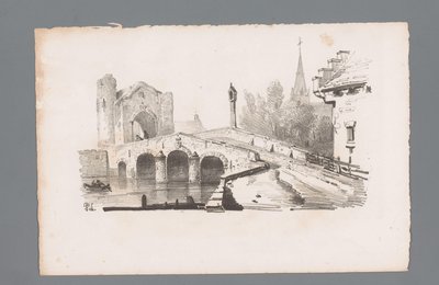 Gezicht op een brug met poort, op de achtergrond een kerk door Paulus Lauters