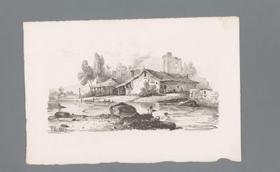 Gezicht op een huis gelegen aan een rivier door Paulus Lauters