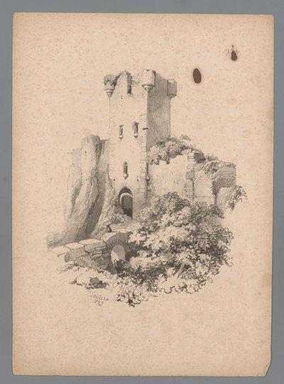 Gezicht op een ruïne van een toren met poort door Paulus Lauters