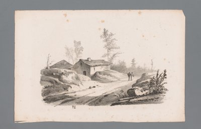 Heuvellandschap met landweg en huizen (Beginselen van landschappen) door Paulus Lauters