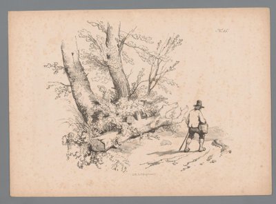 Landschap met bomen en een man met wandelstok en mand door Paulus Lauters