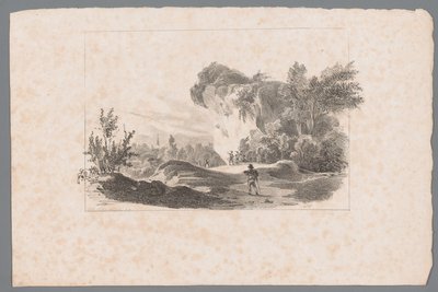 Landschap met figuren bij een rots door Paulus Lauters