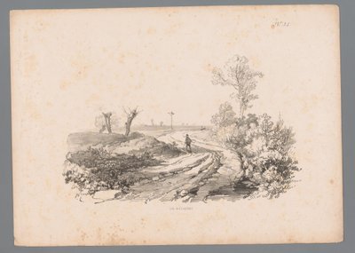 Landschap met figuur met een wandelstok op een landweg door Paulus Lauters