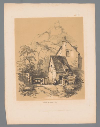 Maaslandschap met huis aan de voet van een berg met boven op een ruïne door Paulus Lauters