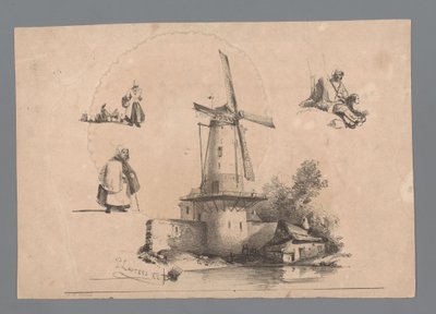 Molen aan het water met rondom drie figuurstudies door Paulus Lauters