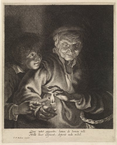Oude vrouw en jongen met kaarsen door Paulus Pontius