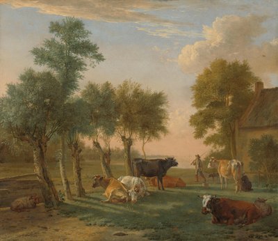 Koeien in een weiland bij een boerderij door Paulus Potter