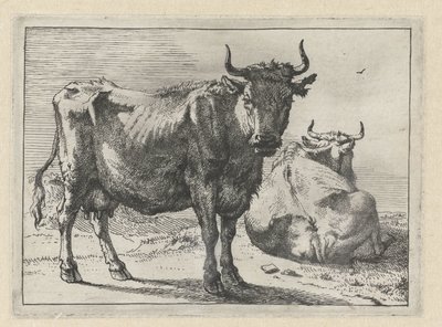 Een staande en een liggende koe door Paulus Potter