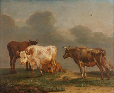 Vier jonge stieren in een weiland door Paulus Potter