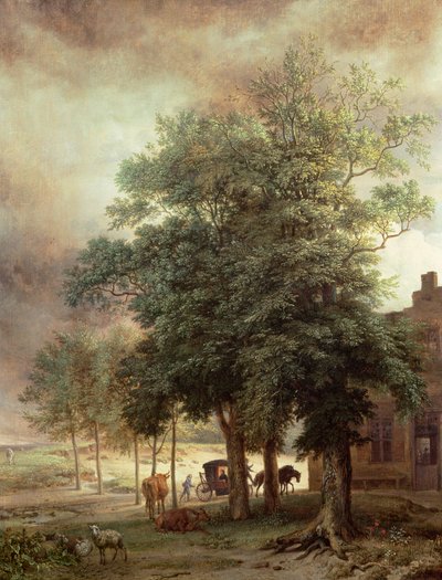 Landschap met koets of huis achter de bomen door Paulus Potter