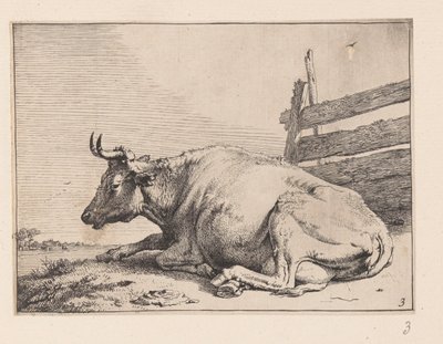 De liggende koe bij een hek, van Diverse ossen en koeien door Paulus Potter