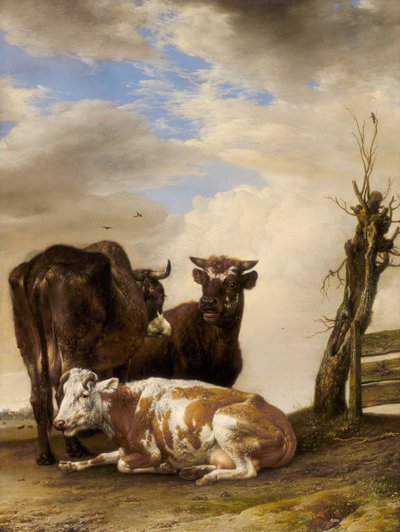 Twee koeien en een jonge stier naast een hek in een weide door Paulus Potter