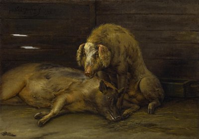 Twee varkens in een hok door Paulus Potter