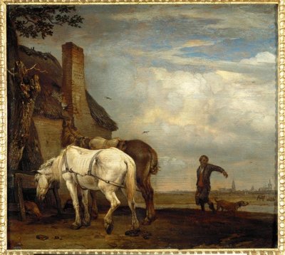 Twee paarden voor een boerderij door Paulus Potter