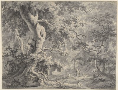Bosgezicht met twee figuren bij een hut door Paulus van Liender