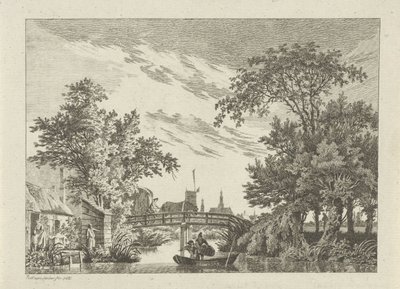 Landschap met hooiwagen op een brug door Paulus van Liender