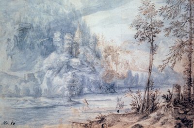 Rand van de rivier met vlot door Paulus van Vianen II