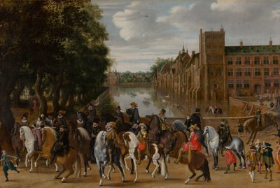 De Prinsen van Oranje en hun Families te Paard, Vertrekkend van Het Buitenhof, Den Haag, c. 1621-22 door Pauwels I van Hillegaert