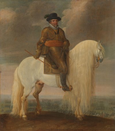 Prins Maurits te paard op het witte oorlogspaard dat hem werd geschonken na zijn overwinning bij Nieuwpoort door Pauwels van Hillegaert