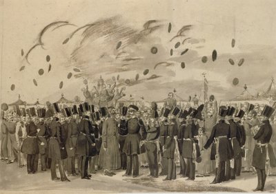Grootvorst Mikhail Pavlovich bezoekt het kamp van het Life-Guard Finland Regiment op 8 juli 1837, 1837 door Pavel Andreevich Fedotov