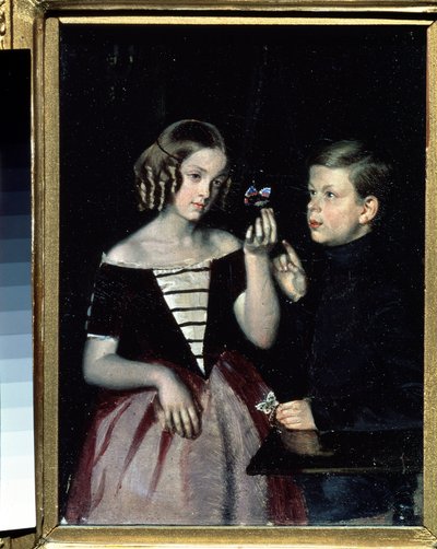 Portret van de twee kinderen Gerbin die een vlinder bekijken door Pavel Andreevich Fedotov