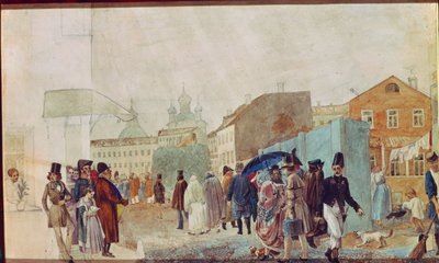 Straatscène in de regen in Moskou door Pavel Andreevich Fedotov