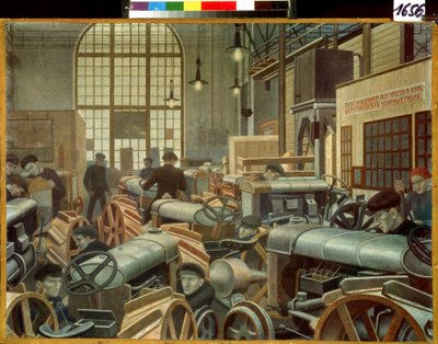 De tractorassemblagewerkplaats in de Putilov-fabriek door Pawel Nikolajewitsch Filonow