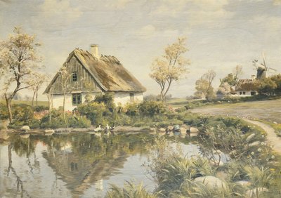 Een huisje bij een vijver door Peder Monsted