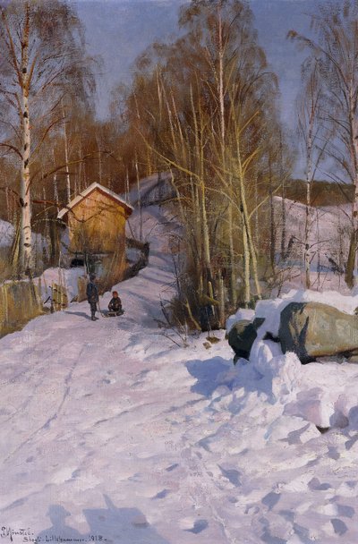 Een Winterlandschap met Kinderen op de Slee door Peder Monsted