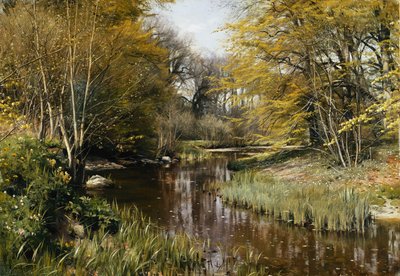 Een bebost rivierlandschap door Peder Monsted