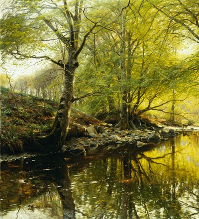 Een Bebost Rivierlandschap door Peder Monsted