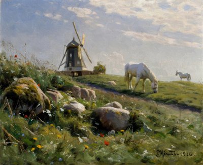 Grazende paarden op zomerse weide door Peder Monsted