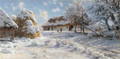 Besneeuwd dorpslandschap met sleetje rijdende kinderen door Peder Monsted