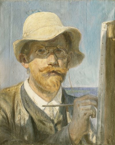 Een zelfportret van de kunstenaar, hoofd en schouders bij zijn ezel door Peder Severin Krøyer