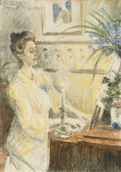 Portret van Johanne Helene Louise Brodersen, aan de piano, 1907 door Peder Severin Krøyer