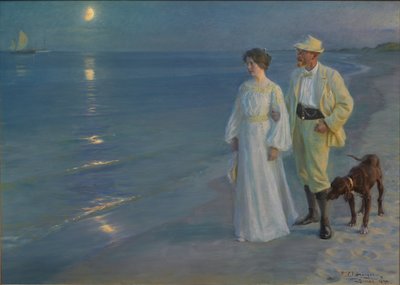 Deens: Sommeraften ved Skagens Strand Zomeravond op het strand van Skagen. De kunstenaar en zijn vrouw. door Peder Severin Krøyer