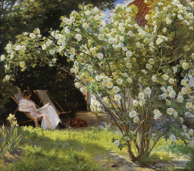 Rozen. Marie Krøyer zittend in de ligstoel in de tuin bij het huis van mevrouw Bendsen door Peder Severin Krøyer