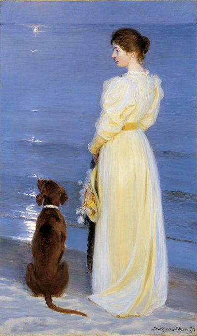 Zomeravond bij Skagen. De vrouw van de kunstenaar met hond aan de waterkant door Peder Severin Krøyer