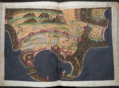 Een plan of uitzicht op Mascate, ca. 1635 (pigment op papier) door Pedro Barretto de Resende