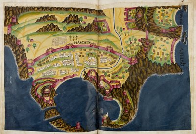 Onder Portugese illustratie van Muscat, uit het manuscript Livro do Estado da India Oriental van Pedro Barreto de Resende, Sloane MS 197 door Pedro Barretto de Resende