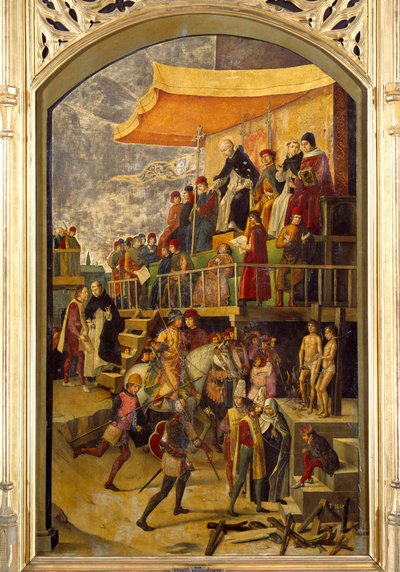Inquisitie: Autodafe voorgezeten door Sint Dominica de Guzman (1170-1221), stichter van de Dominicaanse Orde door Pedro Berruguete