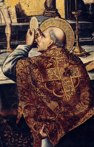De Eucharistie (De heilige heft de hostie op, een christelijk symbool van het lichaam van Christus). Detail van het altaarstuk van De Mis van Gregorius I, genaamd de Grote of Dialoog (540-604) Paus in 590. Schilderij door Pedro Berruguete (1450-1504). Rena door Pedro Berruguete