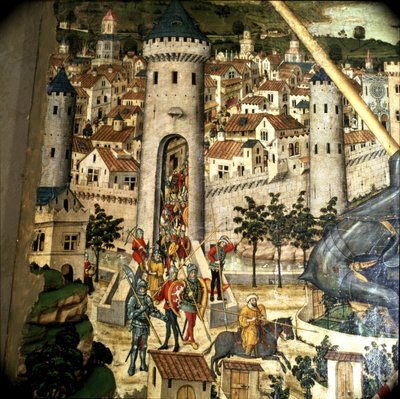 Altaarstuk van St. George: Palma de Mallorca verovering in 1229 door troepen van Jacques I, koning van Aragon (detail) door Pedro Nisart