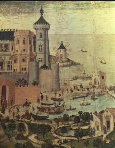 De haven van Mallorca met de Almudaine torens, tijdens de verovering van de stad door Jacobus I (detail) door Pedro Nisart