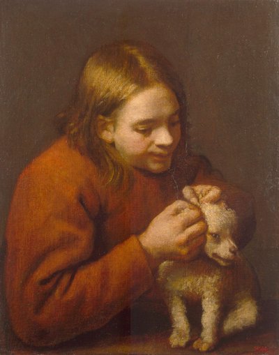 Jongen die vlooien zoekt op een hond, 1650 door Pedro Nuñez de Villavicencio