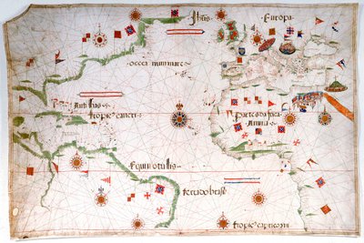 Portulaan kaart van de Atlantische Oceaan, Middellandse Zee en Zwarte Zee, ca. 1535 door Pedro Reinel