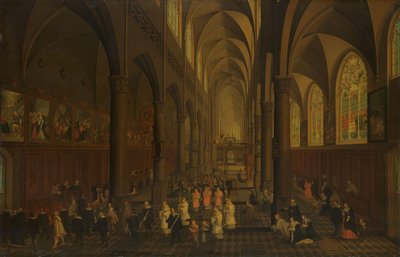 Het interieur van de Dominicanenkerk, Antwerpen, kijkend naar het oosten, met de processie van het Heilig Sacrament door Peeter Neeffs (I)